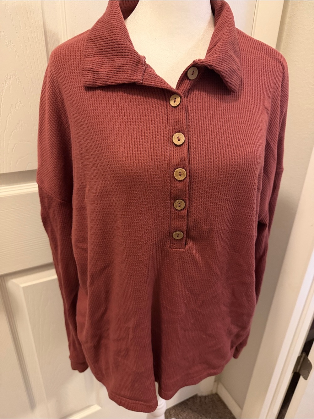 SHEIN Waffle-Knit Button Pullover Sweatshirt - Dusty Rose